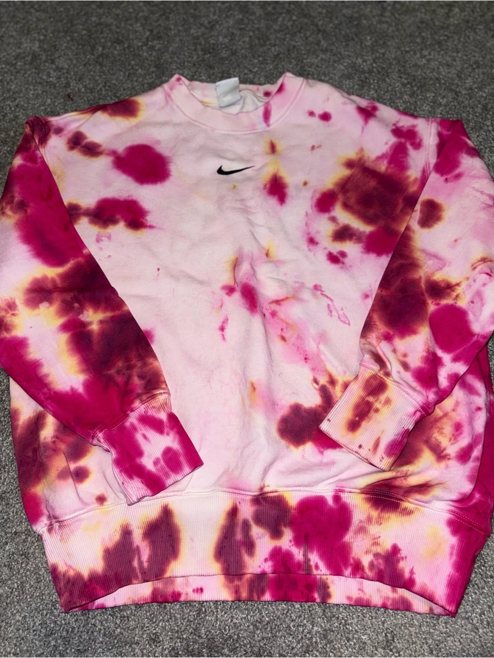 Women’s NIKE Handmade Tie Dye Hoodie Sweatshirt Pullover Pink & White Sz Small